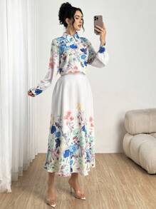 Modelyn 2件套女士花卉印花长袖衬衫和裙子