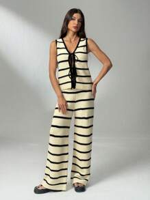 SHEIN Tall 黑白条纹女毛衣两件套系带背心+毛线裤两件套，居家通勤百搭 - 黑與白 - 查看 3