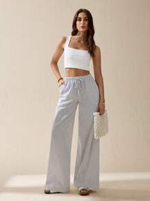 SHEIN Tall Women's Casual Summer Outfits Drawstring Waist Striped Long Pants For Daily Wear,Fall Women Clothes - White - View 7