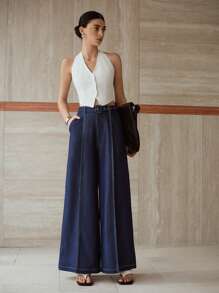 MOTF PREMIUM 露缝阔腿牛仔裤 - 藍色 - 查看 8