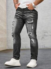 Manfinity LEGND 男士简约印花时尚牛仔裤 - 灰色 - 查看 3