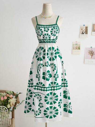 SHEIN 少女度假绿色热带花卉印花镂空腰部感A字中长吊带裙