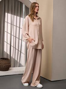 SHEIN Tall Conjunto informal de 2 piezas para mujer alta, compuesto por una camisa de manga larga con caída en los hombros de unicolor y pantalones con cintura de amarre propio