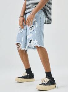 Manfinity EMRG Pantalones cortos de mezclilla con efecto lavado y desgastado con estampado de estrellas para hombres - Lavado ligero - Ver 5