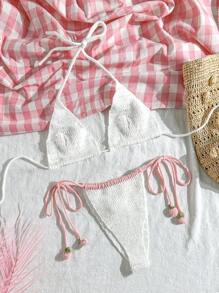 Swim Mod 2pcs/Set Vacation Embroidery Front Buttons Short Sleeve Blouse & Drawstring Waist Shorts For Summer - White - View 2