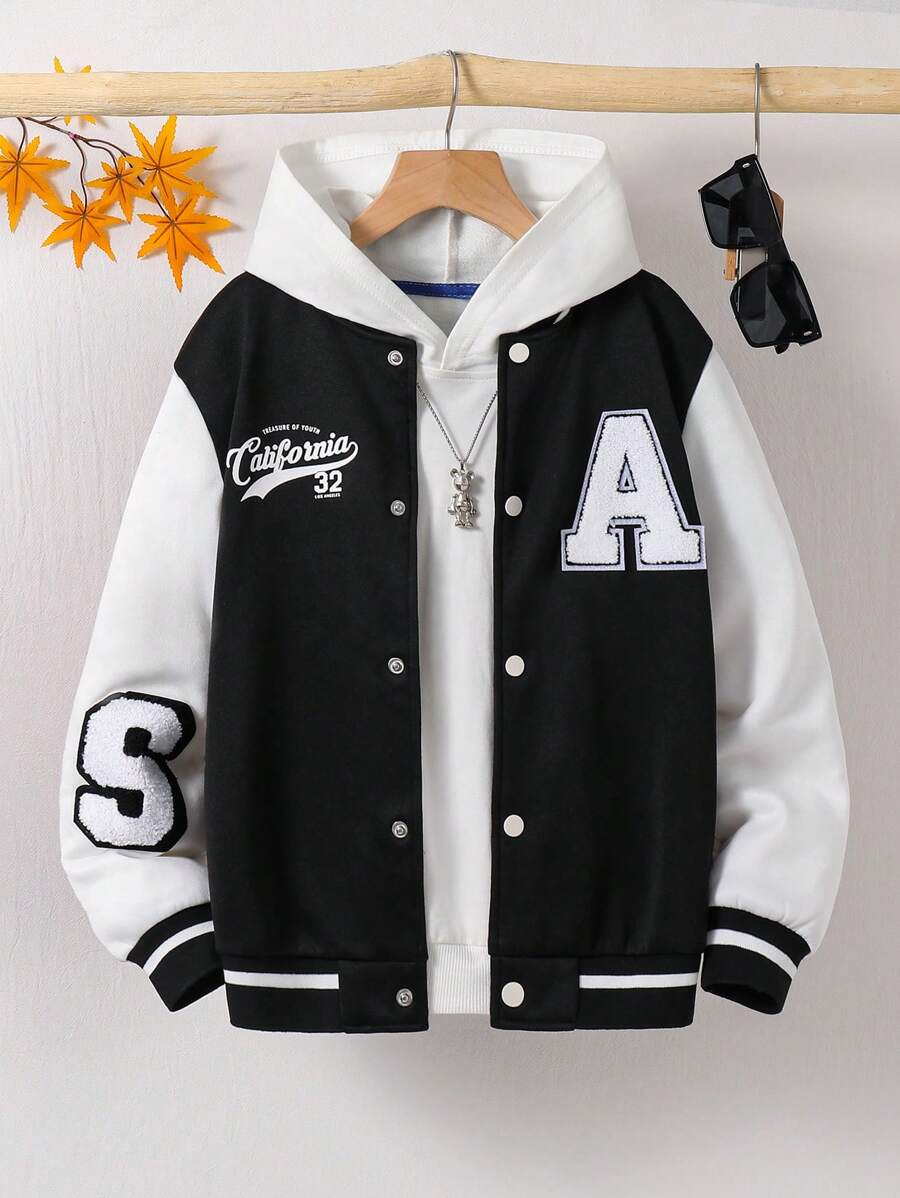 SHEIN 青少年男孩运动彩色块字母印花校队夹克，适合通勤、上学、休闲外出、运动、秋冬 - 黑色 - 查看 1