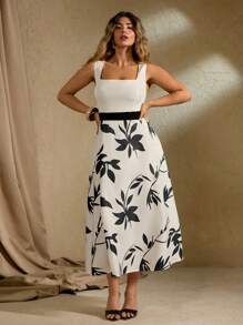 Flirla Große Größen Damen Einfarbiges Kontrast Blumenmuster Quadratischer Ausschnitt Ärmellos Passform & Ausgestelltes Lässig Urlaub Elegantes Maxikleid - Aprikosenfarben - Übersicht 4