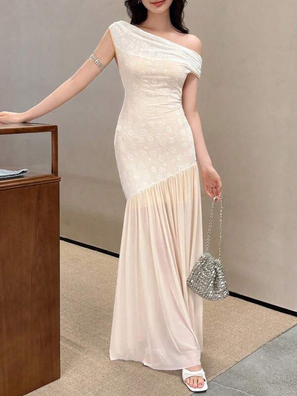 Celisse Women's Elegant Shoulder Elegant Low Waist Patchwork Hem Flowing Dress