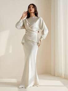 SHEIN Tall Long Sleeve Elegant Top And Fitted Skirt 2-Piece Set - Beige - View 4