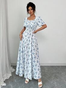 SHEIN Tall Elegant Vacation Casual Puff Sleeve Square Neck Tied Waist Slim Fit Dress For Tall Women, Spring/Summer