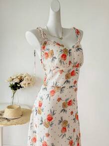 INAWLY Asymmetrisches Saum Spaghettiträger Blumendruck-Kleid