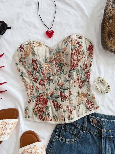 Soleia Bustier de mujer talla grande, de tejido jacquard floral retro colorido, con estilo de palacio y cierre delantero de bralette