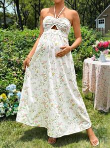 SHEIN 孕妇无袖镂空褶饰花卉印花孕妇连衣裙 - 彩色 - 查看 7