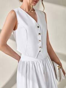 CLARA VERO Set de 2 piezas, top de chaleco con botones delanteros y falda larga de corte evasé, estilo elegante y casual para mujer