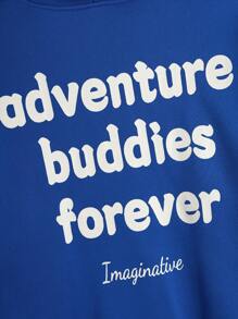 SHEIN Teen Boys' Blue Contrast Letter Graphic Hoodie, Casual Sporty Comfortable Versatile Soft Fabric Suitable For School, Travel, Outdoor Activities, All Seasons