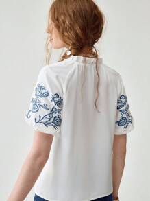 Florisole Casual Elegant Floral Embroidered V-Neck Puff Sleeve Loose White Blouse For Women, Comfortable Breathable Fabric, Suitable For Daily, Holiday And Summer - White - View 2