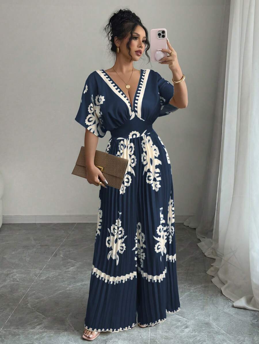 Elenzga Bộ đồ liền thân in họa tiết tay loe cổ chữ V sâu nhún bèo cho kỳ nghỉ dành cho nữ - Màu xanh hải quân - Xem 1