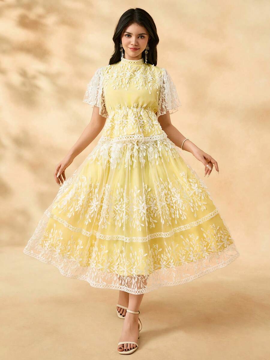 2pcs/Set Teenager Girls Elegant Floral Printed Stand Collar Ruffle Sleeve Blouse + Mid-Length Skirt Set - Yellow - View 1