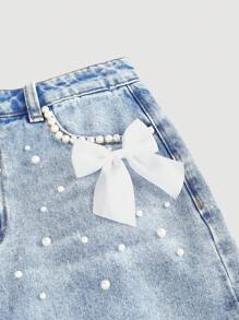 SHEIN Girlism Teen Girl White Beaded Bow Blue Denim Skirt, Kid Girls Spring And Summer Casual Vacation Country Boho Wear, Beach Outfits For Kid Girls, Western Street Wear For Girl, Spring Break Outfits, Rave Outfits Festival Denim Dress Long Skirt - Light Wash - View 3