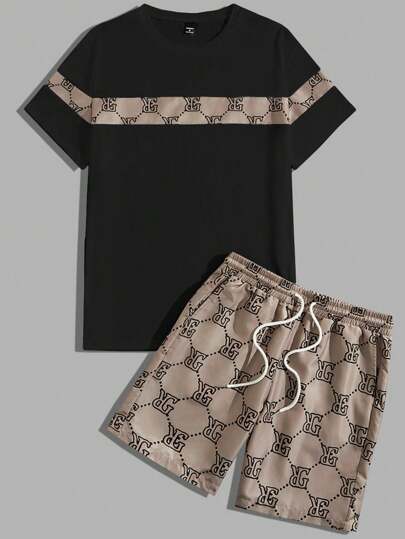 Manfinity BRENVOR 男士夏季字母印花圓領短袖休閒T恤和束腰短褲套裝