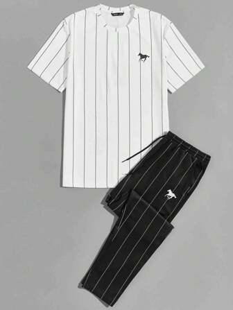 طقم صيفي للرجال يتكون من ملابس علوية مطبوع بطبعة الحصان والخطوط واسروال مناسب للصيف