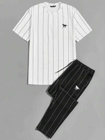 Manfinity VCAY Men Horse Print Striped Top & Pants Set Summer Outfit