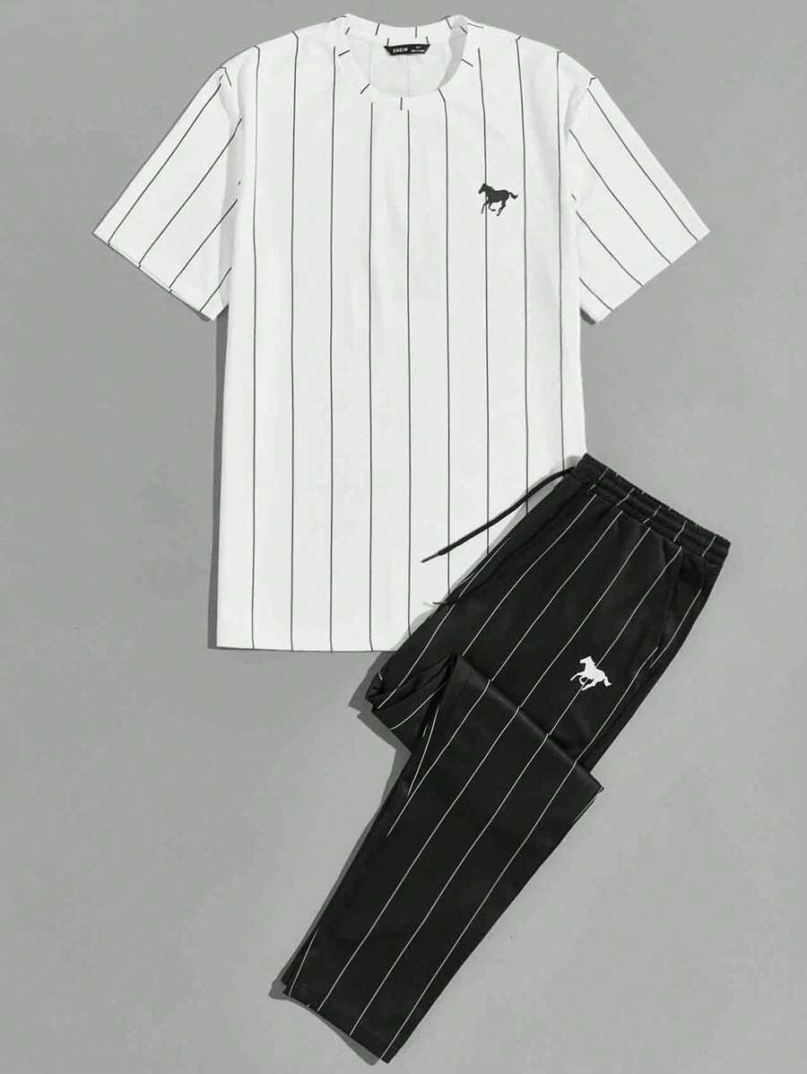 Manfinity VCAY Men Horse Print Striped Top & Pants Set Summer Outfit