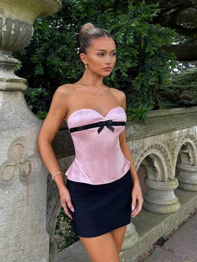 Glamine Charm French Sexy Retro Woven Splicing Asymmetrical Hem Fishbone Color-Block Bowknot Camisole Summer Women's Top