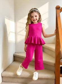 女孩休闲基本款荷叶边无袖衬衫上衣 + 阔腿长裤 2 件套服装套装，适合姐妹穿