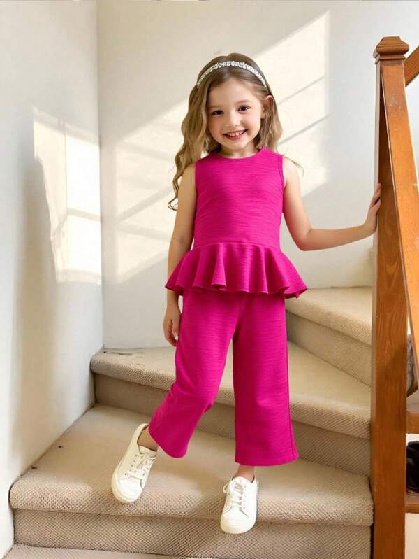 Conjunto de 2 piezas de blusa sin mangas con volantes y pantalón ancho largo informal básico, conjunto coordinado para uso de hermana