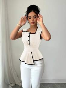 Rafferiza Women's Sleeveless Square Neck Waist-Defined Flare Hem Elegant Casual Commute Work Versatile Collared Blouse, Contrast Black & Apricot Color, Spring/Summer - Apricot - View 5