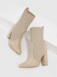 CUCCOO BASICS 女士简约时尚尖头粗高跟杏色米色袜靴夏季毕业高跟鞋舞会高跟鞋度假鞋夏季促销返校鞋大学生鞋圣诞节秋季新年假期 - 杏色 - 查看 6