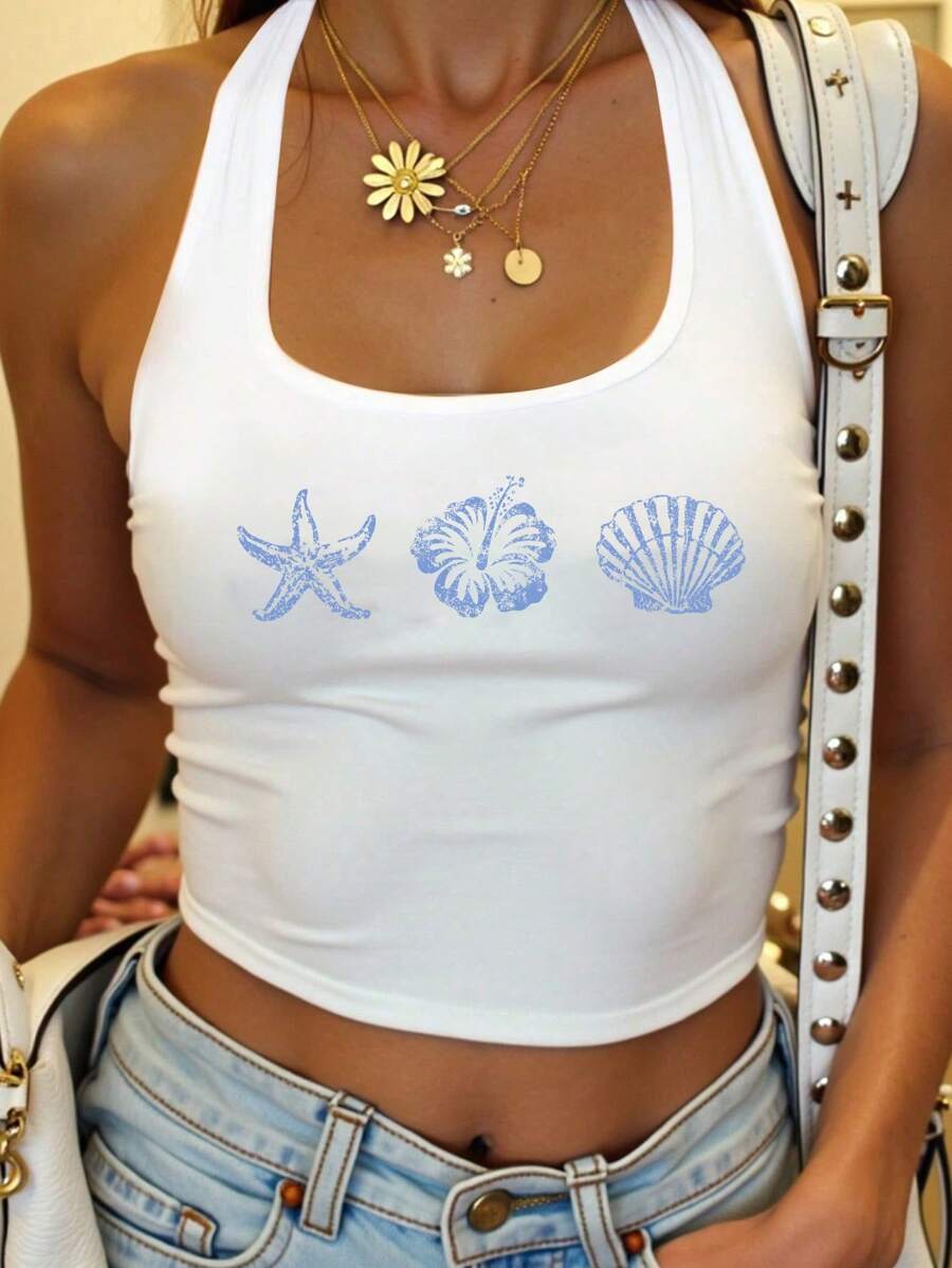 SHEIN EZwear Camisole Wanita Model Halter Neck Ketat dengan Motif Bintang Laut, Bunga, dan Cangkang Kerang, Cocok untuk Musim Panas dan untuk Bepergian. - MultiWarna - View 1