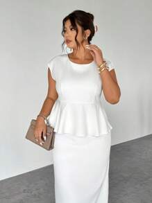 Firerie Plus Size New Elegant Minimalist Women Daily Commute Outfit, Round Neck Dolman Sleeve Ruffle Trim Blouse And Straight Skirt, White 2 Pieces Set