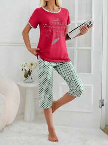 SHEIN Cottnline 100% Cotton 2 chiếc áo sơ mi cotton in khẩu hiệu màu tương phản và quần Capri in chấm bi, đồ ngủ mặc ở nhà - Màu Hồng Tươi - Xem 3