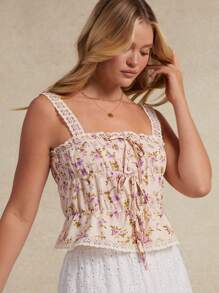 WESTFADE 夏季西部花卉印花编织钩编蕾丝肩带蝴蝶结前片层叠荷叶边下摆牛仔背心