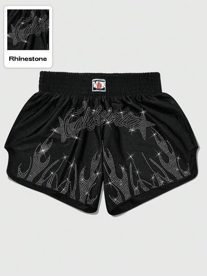 Street Life Shorts de boxeo para hombre con decoración de diamantes de imitación en llamas, aptos para uso diario en primavera/verano