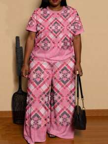 SHEIN Plus Size Graphic Print Crew Neck Casual Graphic Tees & Regular Waist Pants 2 Pieces Vacation Summer Women Outfits, Regular Fit For Spring, Autumn & Winter