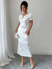 Elenzga Conjunto de 2 piezas de blusa de manga corta y falda de jacquard elegante para mujer - Blanco - Ver 3