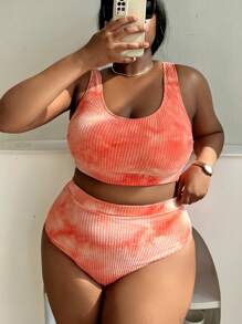 Slaydiva 2pcs Plus Size Women Tie-Dye Printed Elegant Tankini Swimsuit, Leisure Vacation For Summer - Orange - View 1