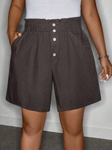 SHEIN LUNE SHEINLUNE Women Plus Size Blue Linen Elasticated Ruffled Hem Casual Shorts,Summer Outfits For Women, Spring Break Outfits Summer Boho Old Money Cotton Brown Shorts Women Women Shorts Summer Loose Shorts Paperbag Waist Shorts Comfy Shorts,Old Money Style Women