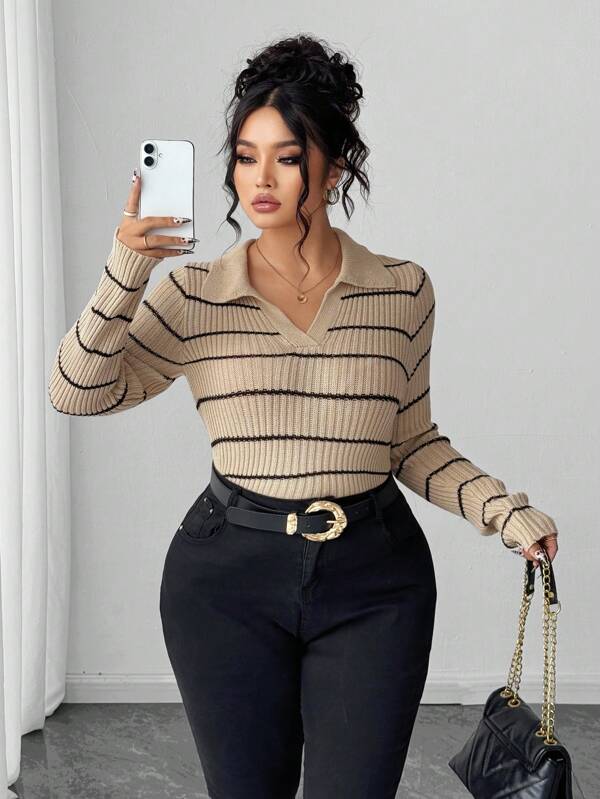 Elenzga Suéter holgado con cuello y rayas, talla grande, estilo minimalista