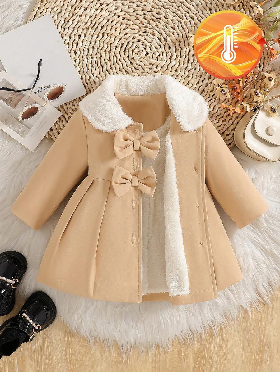 SHEIN Vintaside Kids 女嬰毛領蝴蝶結貼花風衣,秋冬米色可愛款 - 駝色 - 查看 1
