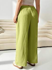 Solflare Women Plus Size Loose Lime Green Woven Long Pants - Lime Green - View 2