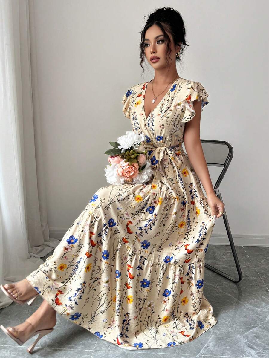 Elenzga Neues Ditsy Blumen Modell Lässig Urlaubs Kleid mit geraffter Taille, Kreuzausschnitt, ausgestelltem Schnitt und Flatterärmeln, Sommer - Verschiedenfarbig - Übersicht 1