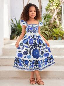 SHEIN 年轻女孩时尚编织碎花方领荷叶边下摆修身连衣裙 - 藍色 - 查看 5