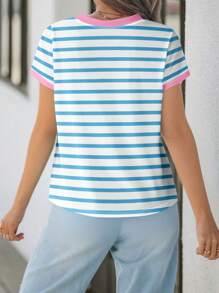 SHEIN EZwear Camiseta de mujer de manga corta, cuello redondo, estampado floral y corte holgado, adecuada para el verano - Multicolor - Ver 2