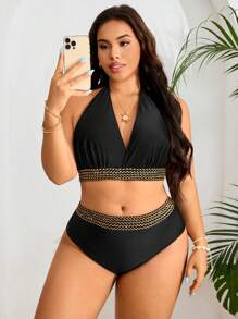 Swim Vcay Plus Size Women 2pcs Solid Color Thick Strap Crochet Top & Triangle Brief Black Bikini Swimsuit Set For Summer Beach Vacation - Black - View 5