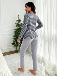 EURMUSE 100%Cotton Striped & Cartoon Graphic PJ Set - Black - View 2