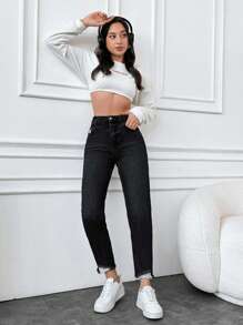 SHEIN Cottnline 100%Cotton Ladies' Distressed Frayed Hem Denim Jeans - Dark Grey - View 4